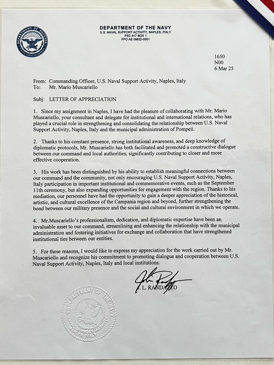 Original Letter of Appreciation from U.S. Naval Support Activity Naples