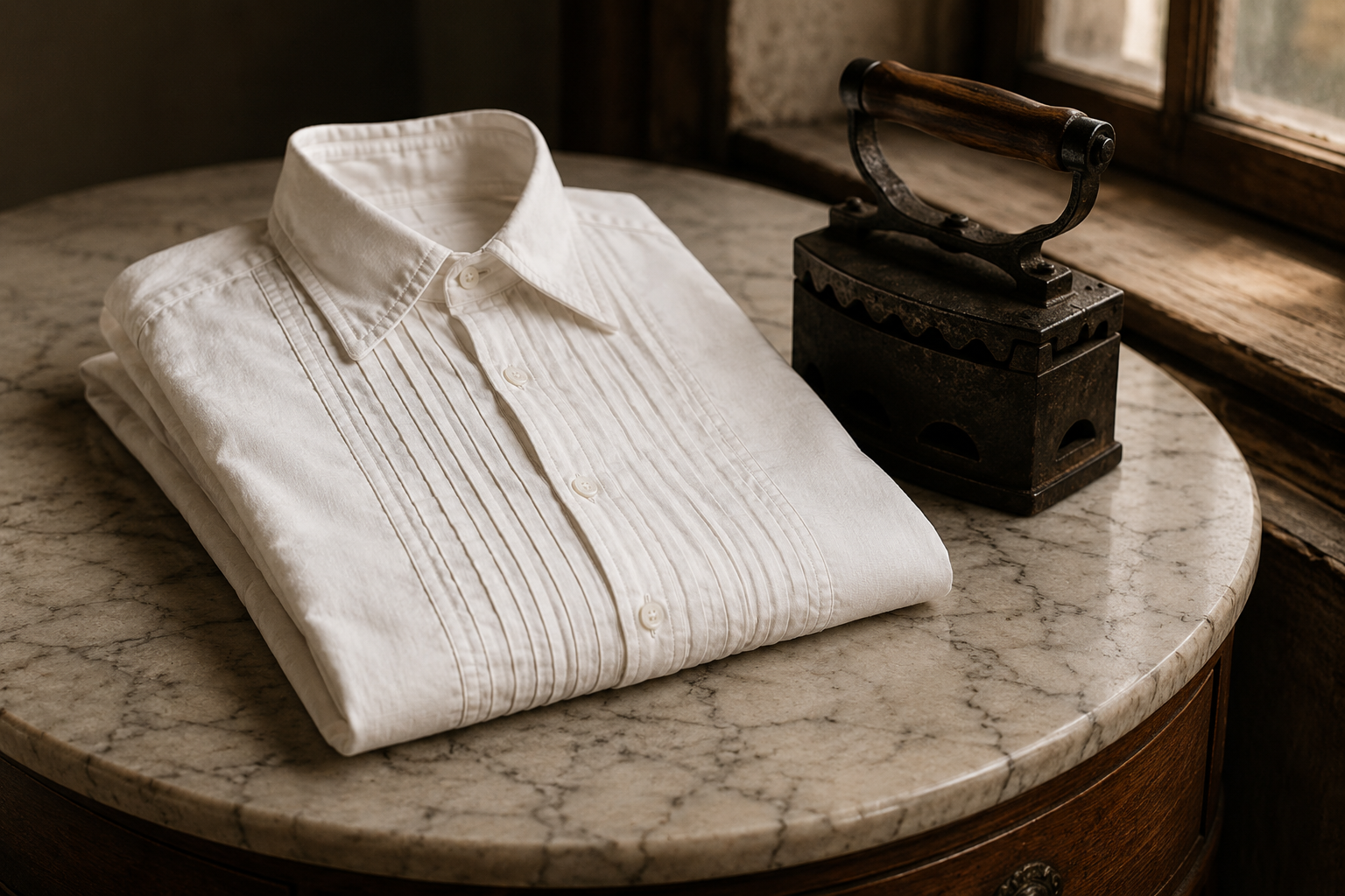 Camicia bianca storica e ferro da stiro a carbone