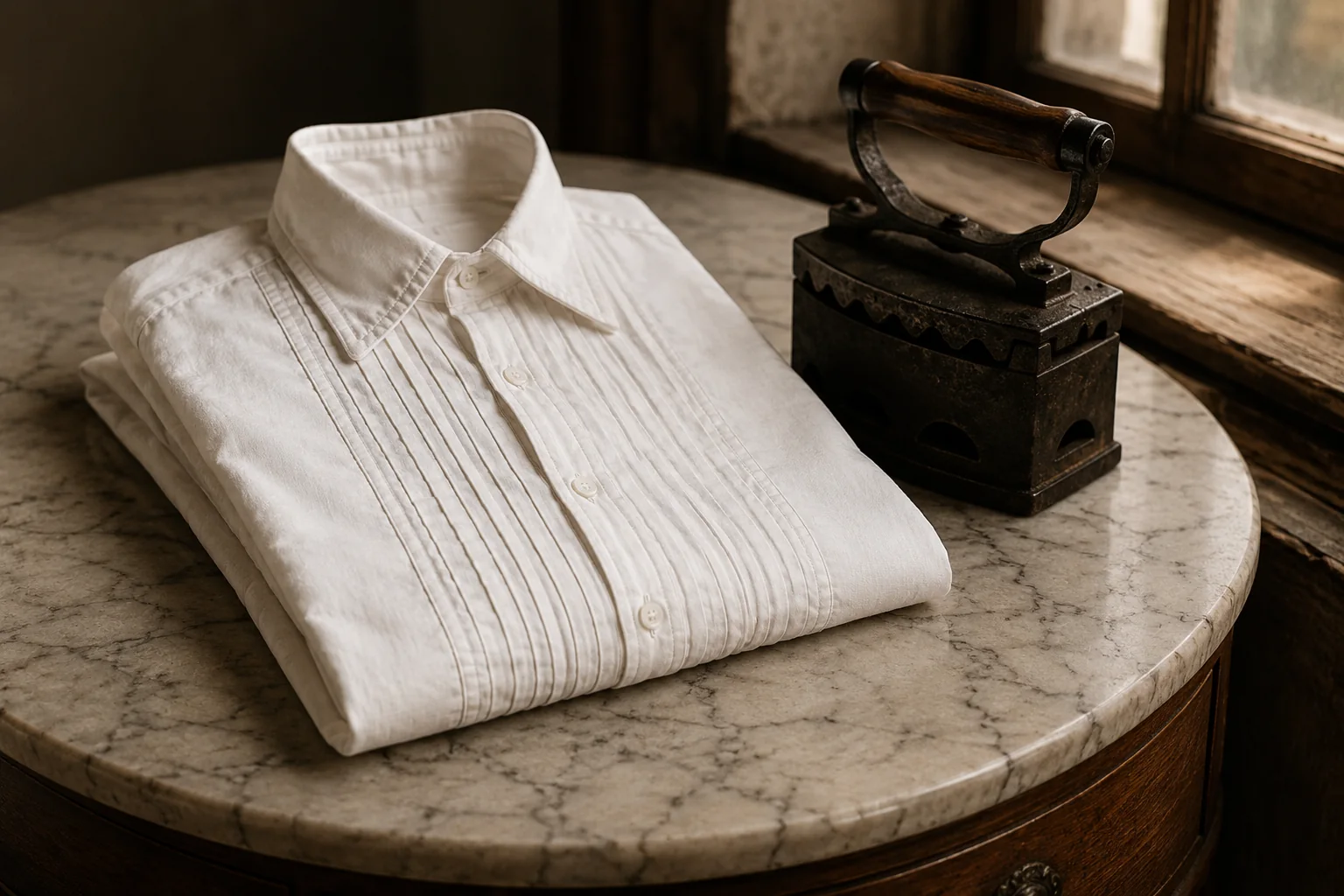 Camicia bianca storica e ferro da stiro a carbone