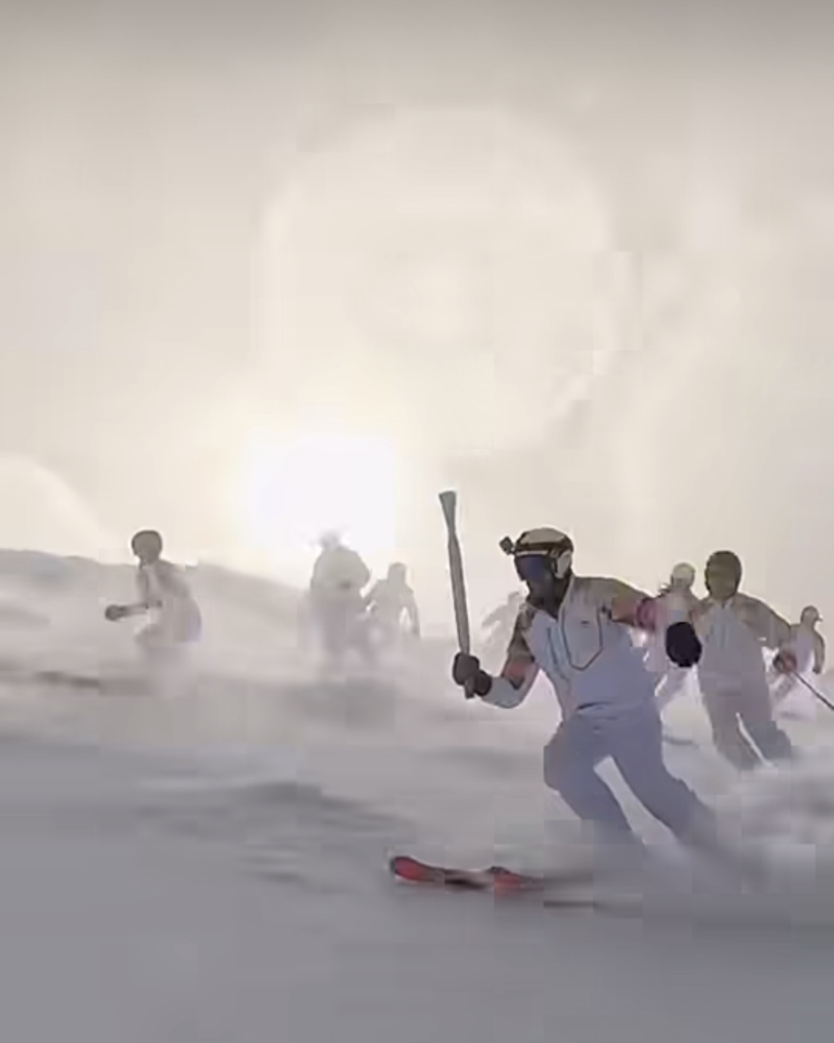 Olympic Flame torchbearer skiing in the Alto Sangro area during Milano Cortina 2026